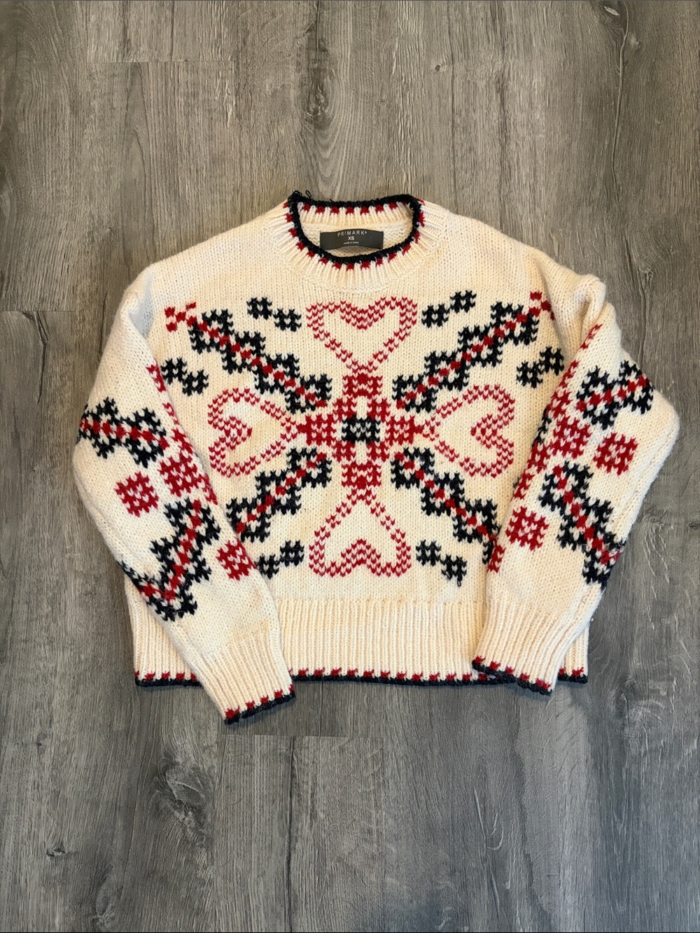 Primark Cream Crewneck Sweater with Red & Black Fair Isle Motif
